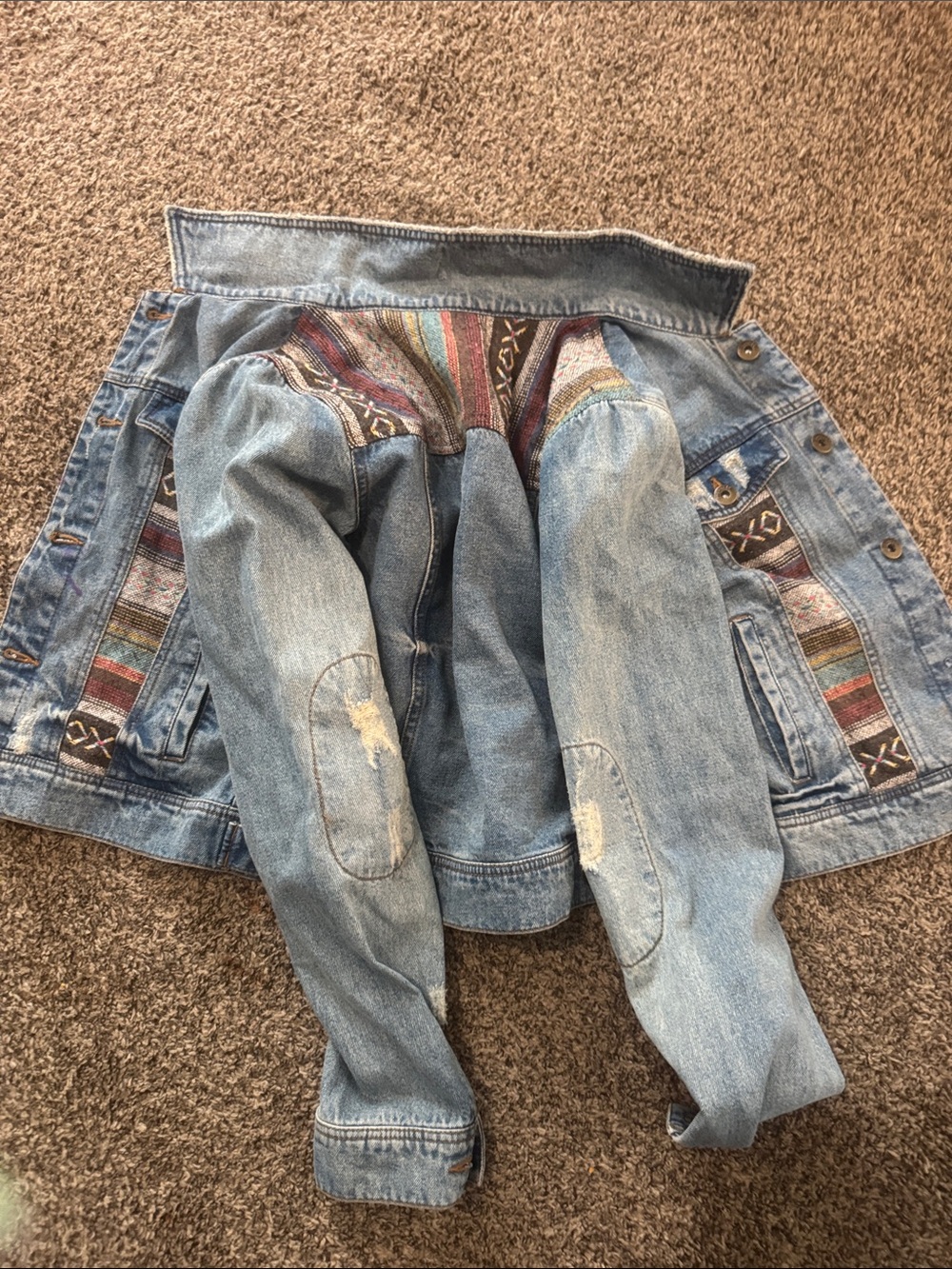 Light Blue Denim Jacket with Multicolor Aztec Accents